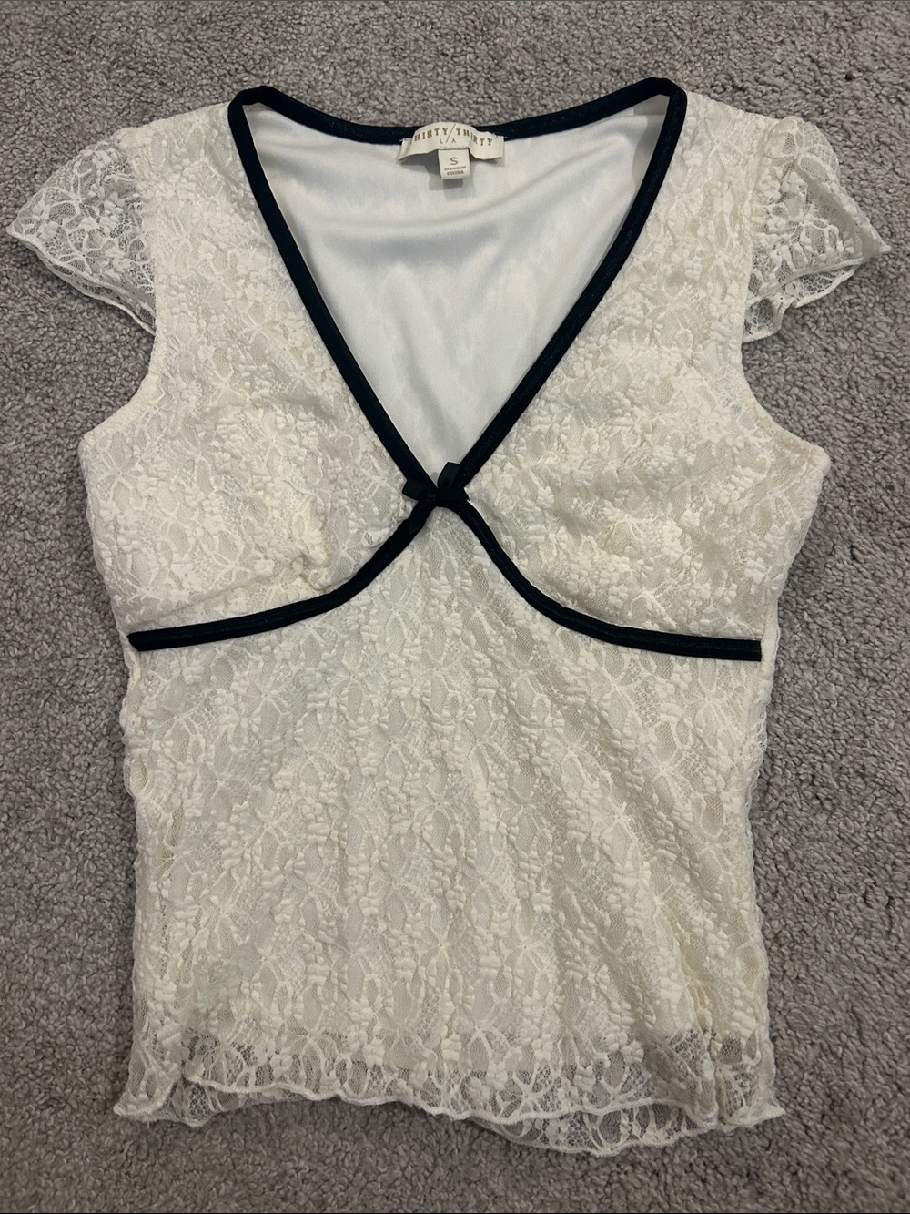 White Lace V-Neck Top with Black Trim